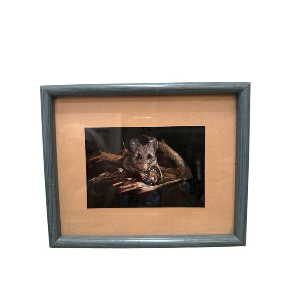 Vintage Sally Miller (Maxwell) Scratchboard Art Mouse Print Forestcore Woodland